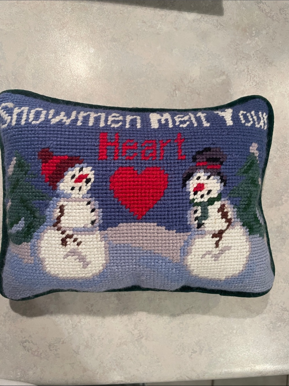 Holiday Snowmen Heart Decorative Needlepoint Pillow